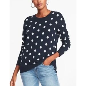Old Navy Womens Large Navy Blue‎ White Polka Dot Crew Neck Long Sleeve Sweater